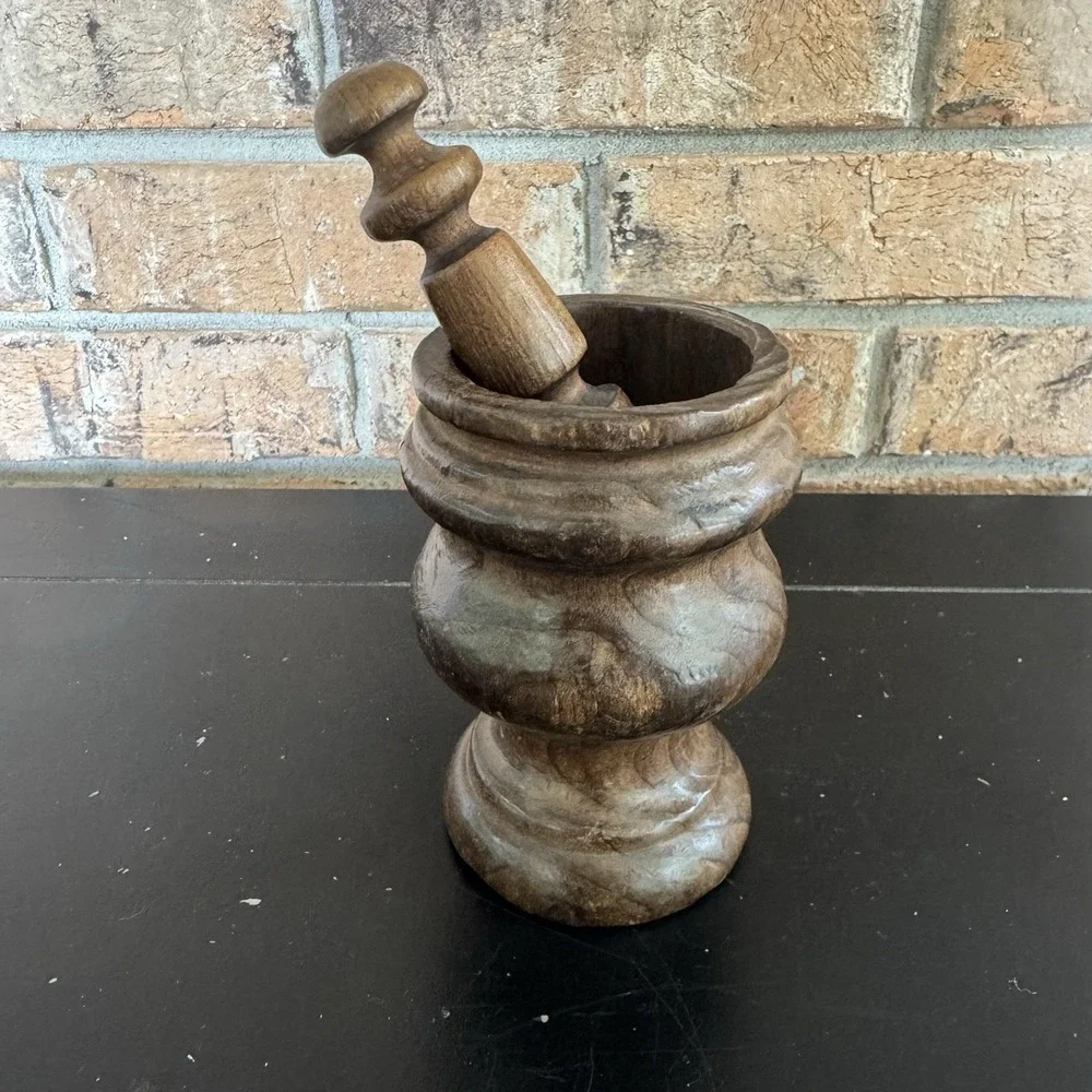 Vintage Hand Carved Wooden Mortar‎ & Pestle Rustic Primitive Farmhouse Decor